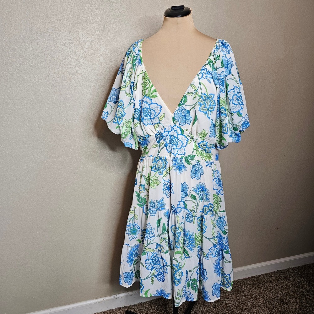 Arula Floral Flutter Sleeve Tiered Mini Dress Blue Green White XL